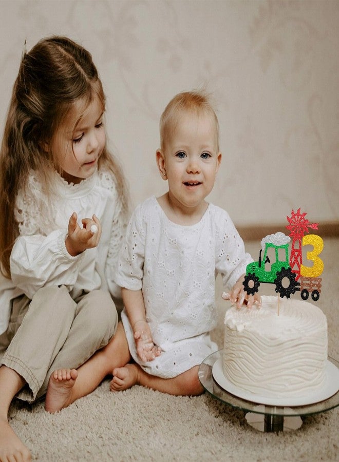 SUPERLUBY Tractor 3rd Birthday Cake Topper, Tractor Three Cake Topper for Boy, Farm Truck 3 Years Old Birthday Cake Decor, Farm Barnyard Themed 3rd Anniversary Party Decoration - Green Glitter - Image 4